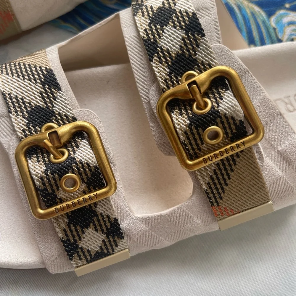 Burberry Beige Check Triple-Buckle Slide Sandals